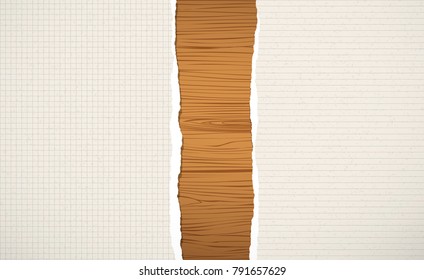 Brown wooden choppin, cutting board, plank with ripped lined and squared notebook paper.