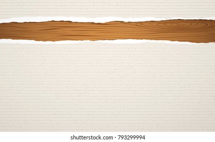 Brown wooden choppin, cutting board, plank with ripped lined notebook paper.
