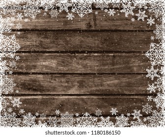 Brown Wooden christmas background with frame of white snowflakes, vector illustration