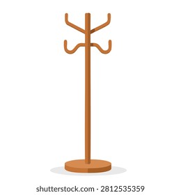 A brown wooden coat rack with multiple hooks for hanging garments and accessories isolated on a white background