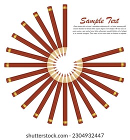brown wooden color pencils arranged in bulk on a white isolated background arranged in circle, Drawing colors, multicolors