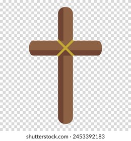 Brown wooden cross knitted with yellow thread, hope, memory, grave, flat design, simple image, cartoon style. Religion and faith concept. Vector line icon for business and advertising