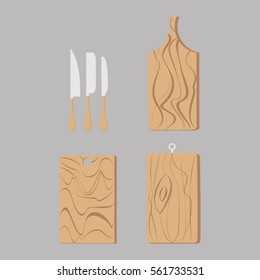 Brown wooden cutting board and knife icon  set - vector