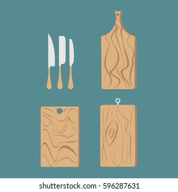 Brown wooden cutting board and knife icon  set - vector