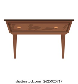 Brown wooden desk standing on four legs with a drawer in the middle, isolated on a white background