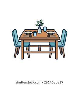 Brown wooden dining table with two blue chairs