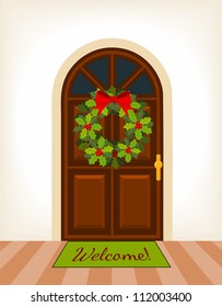 brown wooden door with christmas holy wreath - vector illustration