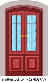 A brown wooden door in a simple style. Vector illustration in cartoon style for children. Isolated funny clipart on a white background. Part of the interior entrance to the house.