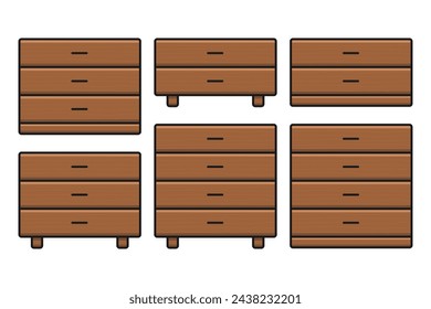 brown wooden drawer cabinet storage set home furniture vector flat illustration