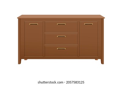 Brown wooden dresser with five drawers for modern interior realistic vector illustration