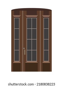 Brown wooden entrance door portal with glass windows. Entry front doorway, european style design. Vector illustration.