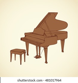 Brown wooden harpsichord and pew for instrumentalist isolated on white backdrop. Freehand linear dark ink hand drawn doodle object sketch in artistic vintage style pen on paper with space for text