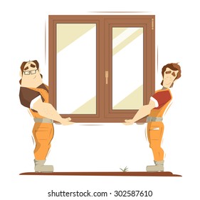 Brown wooden home house window color illustration. Two handsome man holding brown wood window.