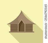 Brown wooden hut with pointed roof casting a long shadow on a light yellow background