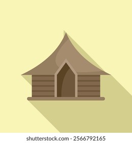 Brown wooden hut with pointed roof casting a long shadow on a light yellow background