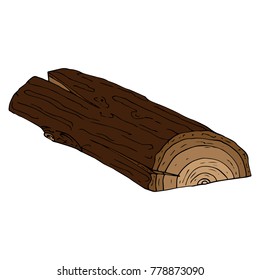 Brown wooden log. Semicircular log with bark. Vector illustration.