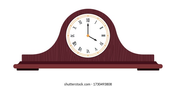 Brown wooden old clock with roman numerals vector illustration.