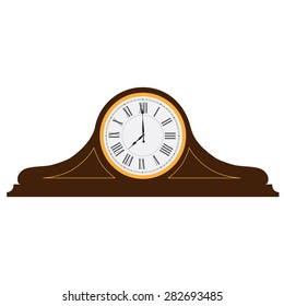 Brown wooden old clock with roman numerals vector illustration. Vintage desk clock. Table clock 
