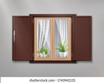 Brown wooden old window realistic composition with cozy atmosphere inside beautiful curtains and potted plants vector illustration