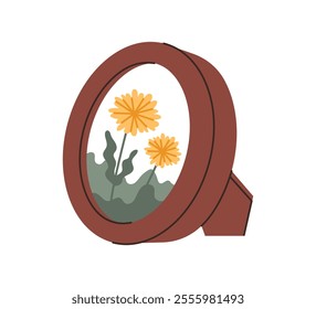 Brown wooden oval photo frame with with yellow dandelion flowers. Herbarium concept. Hand drawing vector flat illustration