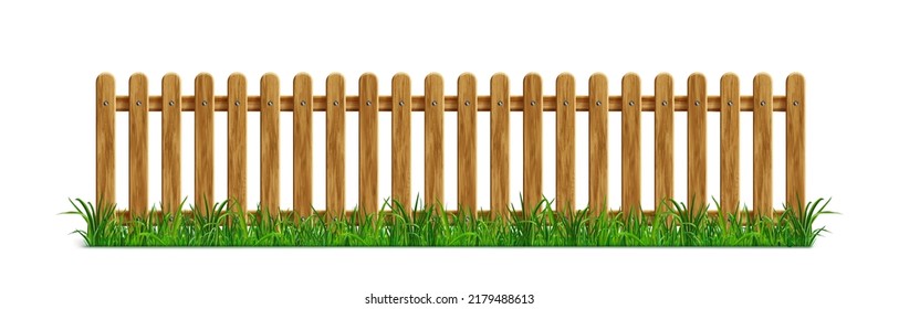 Brown wooden picket fence with green grass isolated on white background. Vector realistic illustration of farm or garden barrier from wood boards on field, meadow or lawn