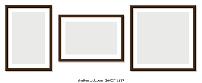 Brown wooden picture frames on transparent background clean minimalist design layout gallery wall mockup horizontal and vertical frame template classic wood tone art display interior decoration