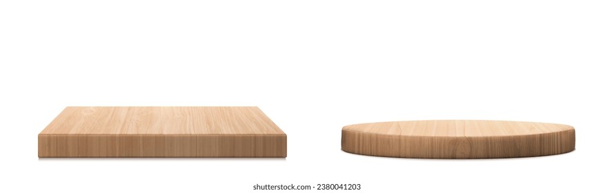 Placas de madera marrón como podio de exposición de productos. Ilustración vectorial 3D, conjunto de peatones de piso plano redondo y rectangular con textura de madera clara. La paralización natural de la producción cosmética.