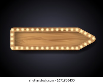 Brown wooden pointer board with light bulbs on a wall. Vector stock illustration