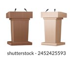 Brown wooden pulpit with microphone for speech or debate concept. Realistic 3d vector illustration set of wood lecture podium mockup for press conference. Presentation tribune or rostrum stand.