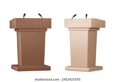 Brown wooden pulpit with microphone for speech or debate concept. Realistic 3d vector illustration set of wood lecture podium mockup for press conference. Presentation tribune or rostrum stand.