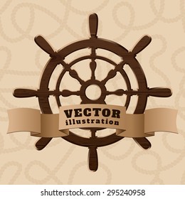 Brown wooden realistic helm with ribbon on curled rope background vector illustration 