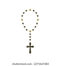 Brown wooden rosary necklace cross religion isolated on white background. Christian cross. Vector stock