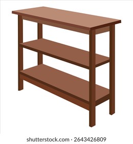 Brown Wooden Shelf with Three Tiers – Minimalist Bookshelf Vector Illustration, Flat Design Modern Storage Rack for Home Interior, Functional Furniture Piece for Living Room or Office Space
