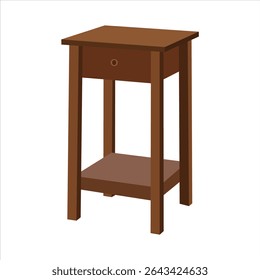 Brown Wooden Side Table Vector – Modern Minimalist Nightstand with Drawer and Shelf, Flat Design Furniture Illustration for Bedroom, Home Interior, Small Storage Accent Table Decor

