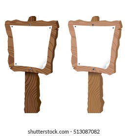 Brown wooden sign and white paper isolated on white background.