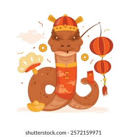 Brown wooden snake character with Chinese ornament for Lunar new year, Vector illustration