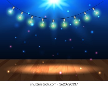 Brown wooden stage with light bulbs garland. Vector stock illustration for poster