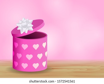 Brown wooden table background with gift box. Vector illustration for card