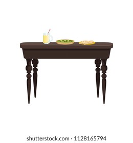 Brown wooden table with delicious food vector Illustration on a white background