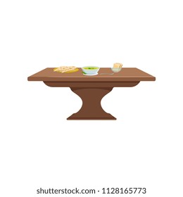 Brown wooden table with soup and bread on a plate, food for dinner vector Illustration on a white background