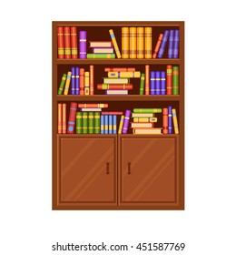 A brown wooden vector bookcase with many books on its shelves. Home library. Love reading. Cute interior illustration. Cartoon furniture
