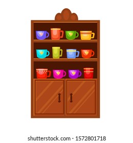 A brown wooden vector cupboard with many different bright cups on its shelves.  Drink tea. Love dishes. Cute interior illustration. Cartoon furniture