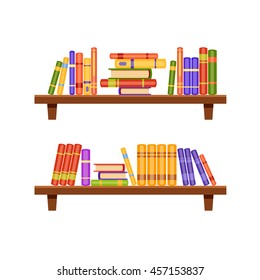 Brown wooden vector shelves with many colorful books in cartoon style. Home library. Love reading. Cute interior illustration.