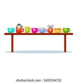 Brown wooden vector table with many different bright cups with a penguin and a mouse in two of them.  Drink tea. Love dishes. Cute interior illustration. Cartoon furniture