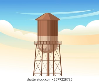 Brown wooden water tower with a steel frame. Cylindrical water tank supported by strong beams. Vector illustration with cloud sky background