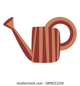 Brown wooden watering can isolated on white. Cartoon doodle style. Agriculture or horticulture. Gardening tool. Instrument for taking care of garden and houseplants. Countryside and village