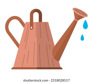 A brown, wooden-styled watering can with a curved handle and a long spout releasing blue water drops. Ideal for gardening, sustainable living, plant care, environmental awareness, and horticulture