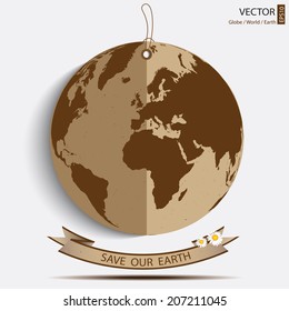 brown world map on recycle paper globe, save the earth banner, paper tag brochure design, vector illustration