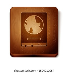 Brown World map on a school blackboard icon isolated on white background. Drawing of map on chalkboard. Wooden square button. Vector Illustration