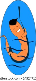 A brown worm hanging on a blue hook as a bait, vector, color drawing or illustration.